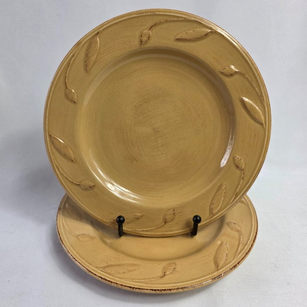 TWO Signature Sorrento Wheat Mustard Gold Salad Plates Embossed Leaves